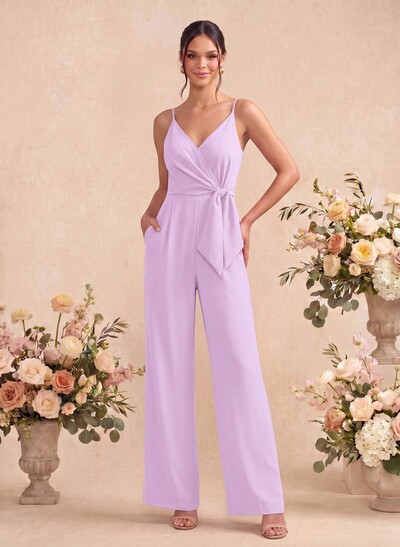 V-Neck Sleeveless Ankle-Length Stretch Chiffon Bridesmaid Jumpsuit / Pantsuit