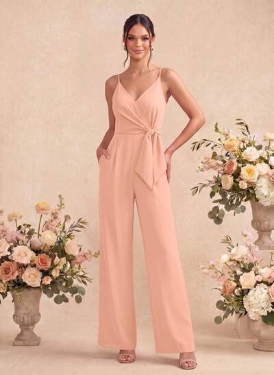 Jumpsuit/Pantsuit V-Neck Sleeveless Ankle-Length Stretch Chiffon Bridesmaid Dresses