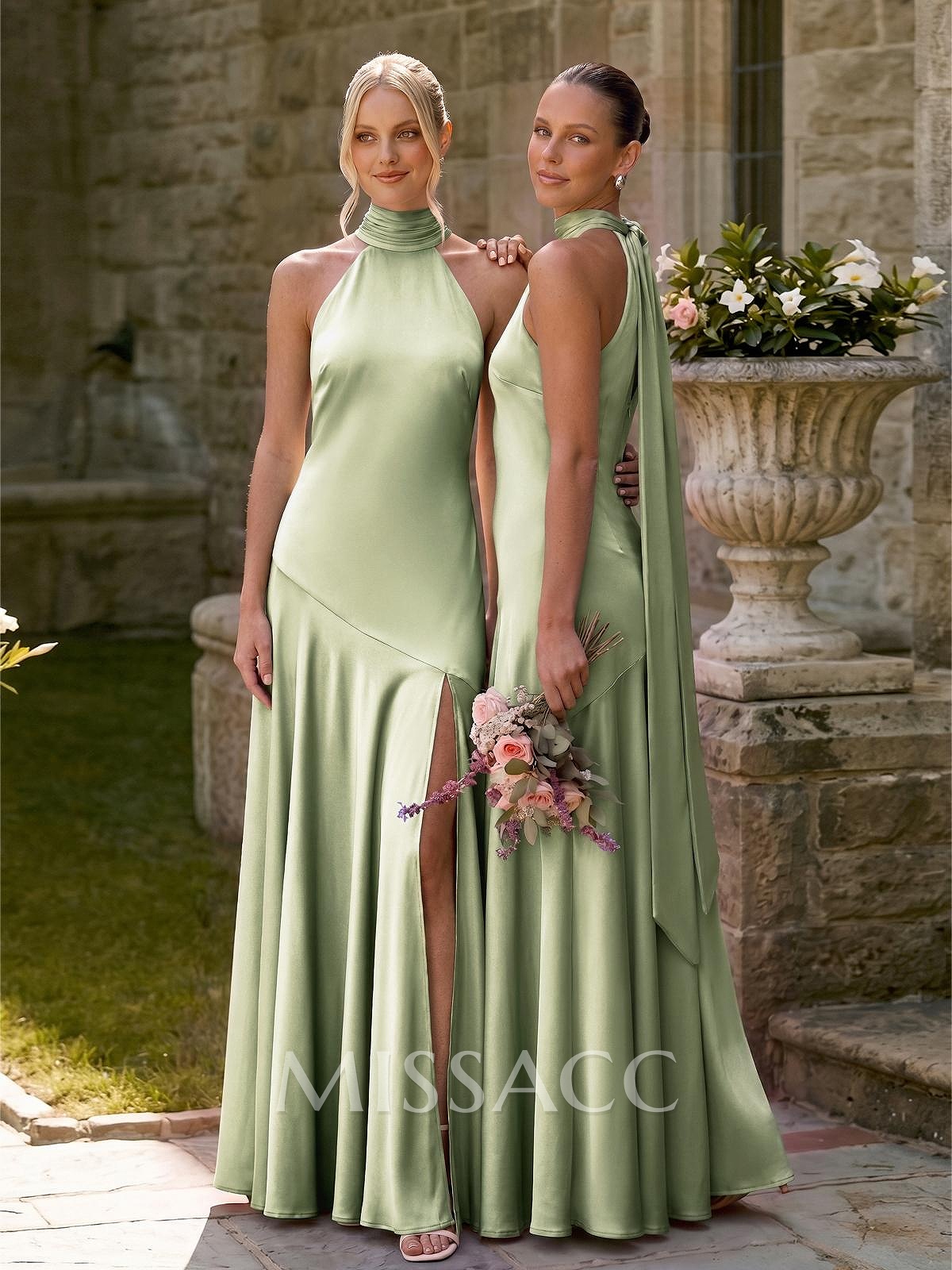 A-Line Halter Sleeveless Floor-Length Stretch Satin Knit Bridesmaid Dresses With Split Front