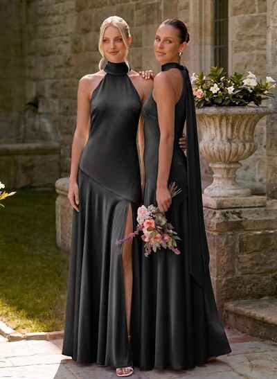 A-Line Halter Sleeveless Floor-Length Stretch Satin Knit Bridesmaid Dresses With Split Front