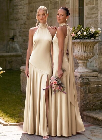 A-Line Halter Sleeveless Floor-Length Stretch Satin Knit Bridesmaid Dresses With Split Front