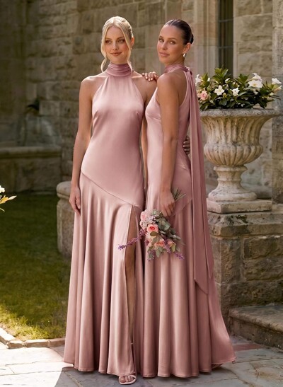 A-Line Halter Sleeveless Floor-Length Stretch Satin Knit Bridesmaid Dresses With Split Front