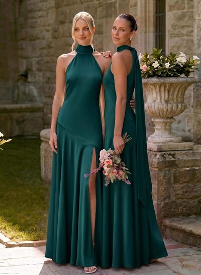 A-Line Halter Sleeveless Floor-Length Stretch Satin Knit Bridesmaid Dresses With Split Front