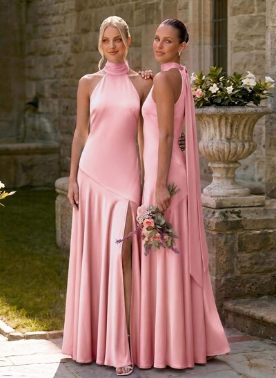 A-Line Halter Sleeveless Floor-Length Stretch Satin Knit Bridesmaid Dresses With Split Front