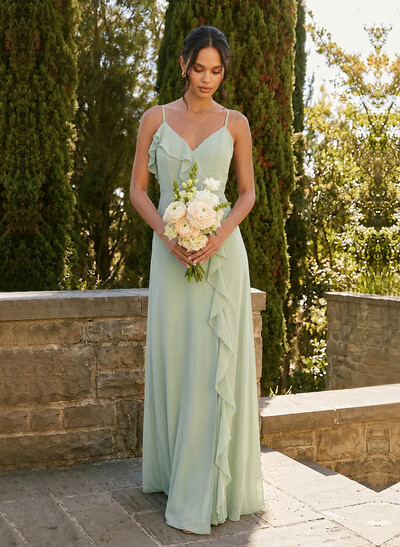 A-Line V-Neck Sleeveless Floor-Length Chiffon Bridesmaid Dresses With Split Front/Cascading Ruffles