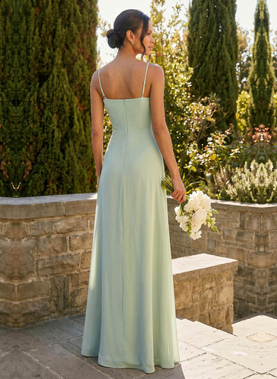 A-Line V-Neck Sleeveless Floor-Length Chiffon Bridesmaid Dresses With Split Front/Cascading Ruffles