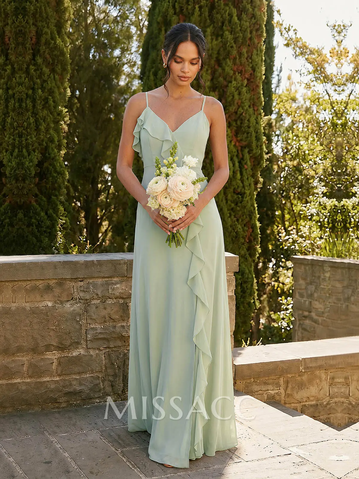 a-line v-neck floor-length chiffon bridesmaid dress with ruffle Jungle Green 2026 Bridesmaid Dress Long Chiffon A-line Ruffles V-neck