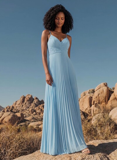 Elegant A-Line V-Neck Sleeveless Floor-Length Chiffon Bridesmaid Dresses With Pleated