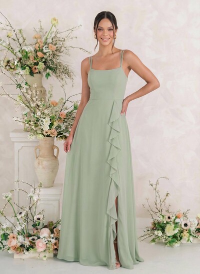 A-Line Square Neckline Sleeveless Floor-Length Chiffon Bridesmaid Dresses With Ruffle/Split Front