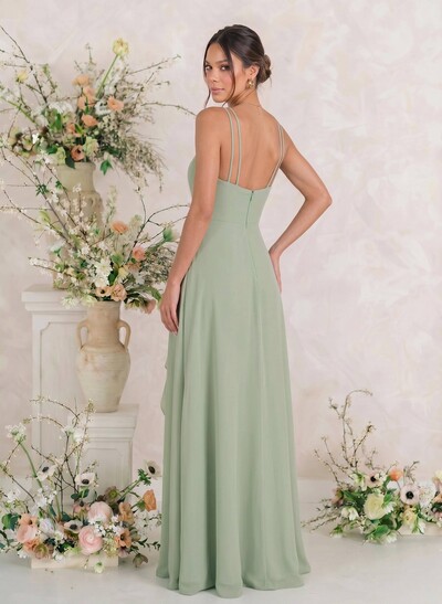 A-Line Square Neckline Sleeveless Floor-Length Chiffon Bridesmaid Dresses With Ruffle/Split Front