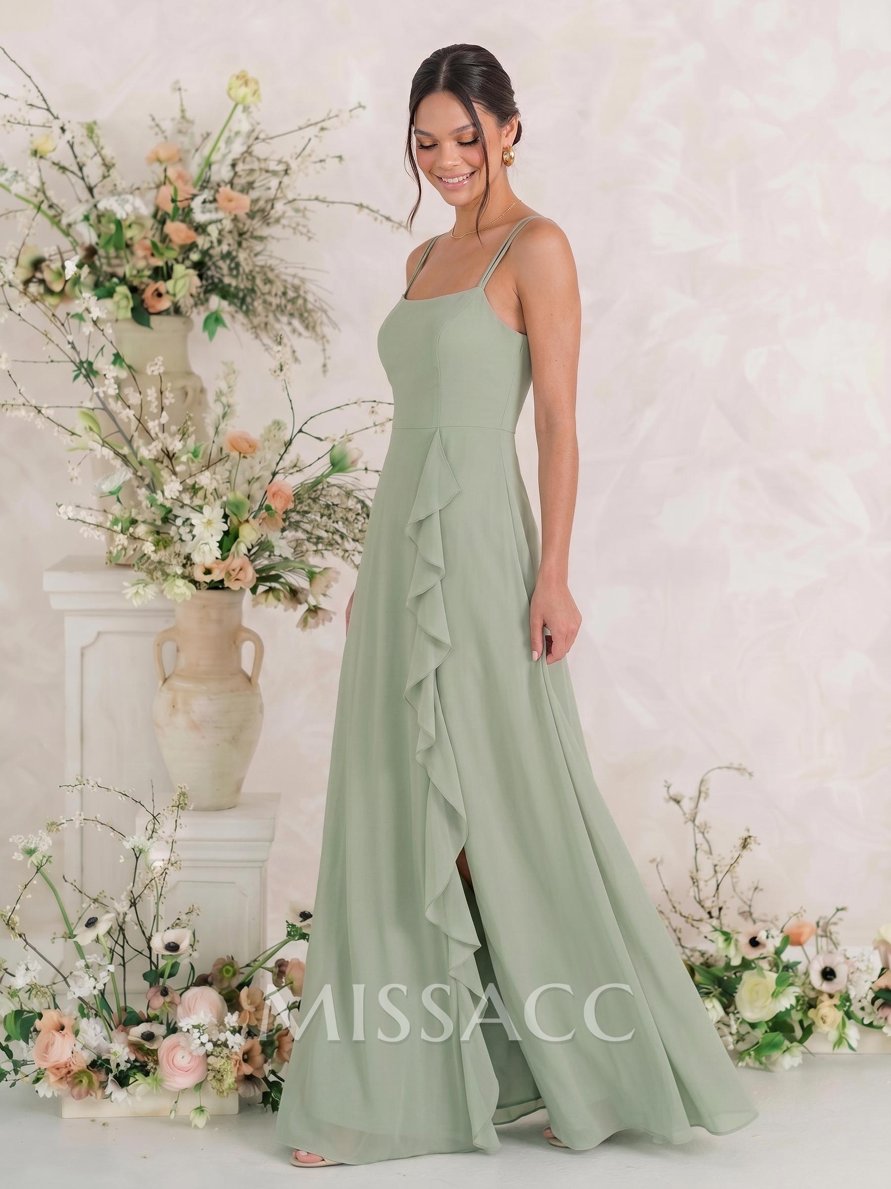 A-Line Square Neckline Sleeveless Floor-Length Chiffon Bridesmaid Dresses With Ruffle/Split Front