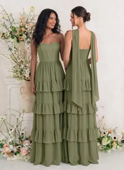 Elegant A-Line Strapless Sleeveless Floor-Length Chiffon Bridesmaid Dresses With Tiered