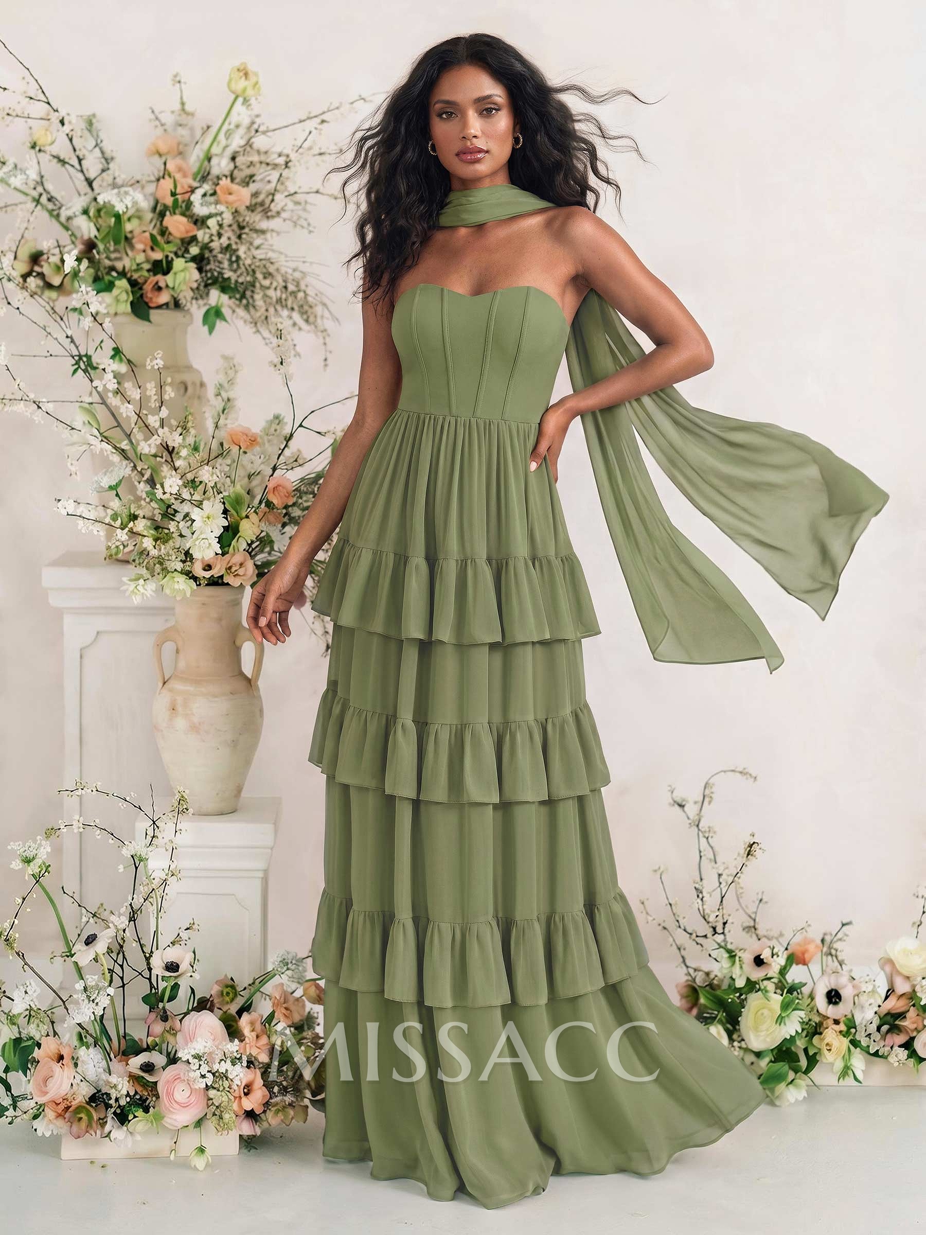 Elegant A-Line Strapless Sleeveless Floor-Length Chiffon Bridesmaid Dresses With Tiered