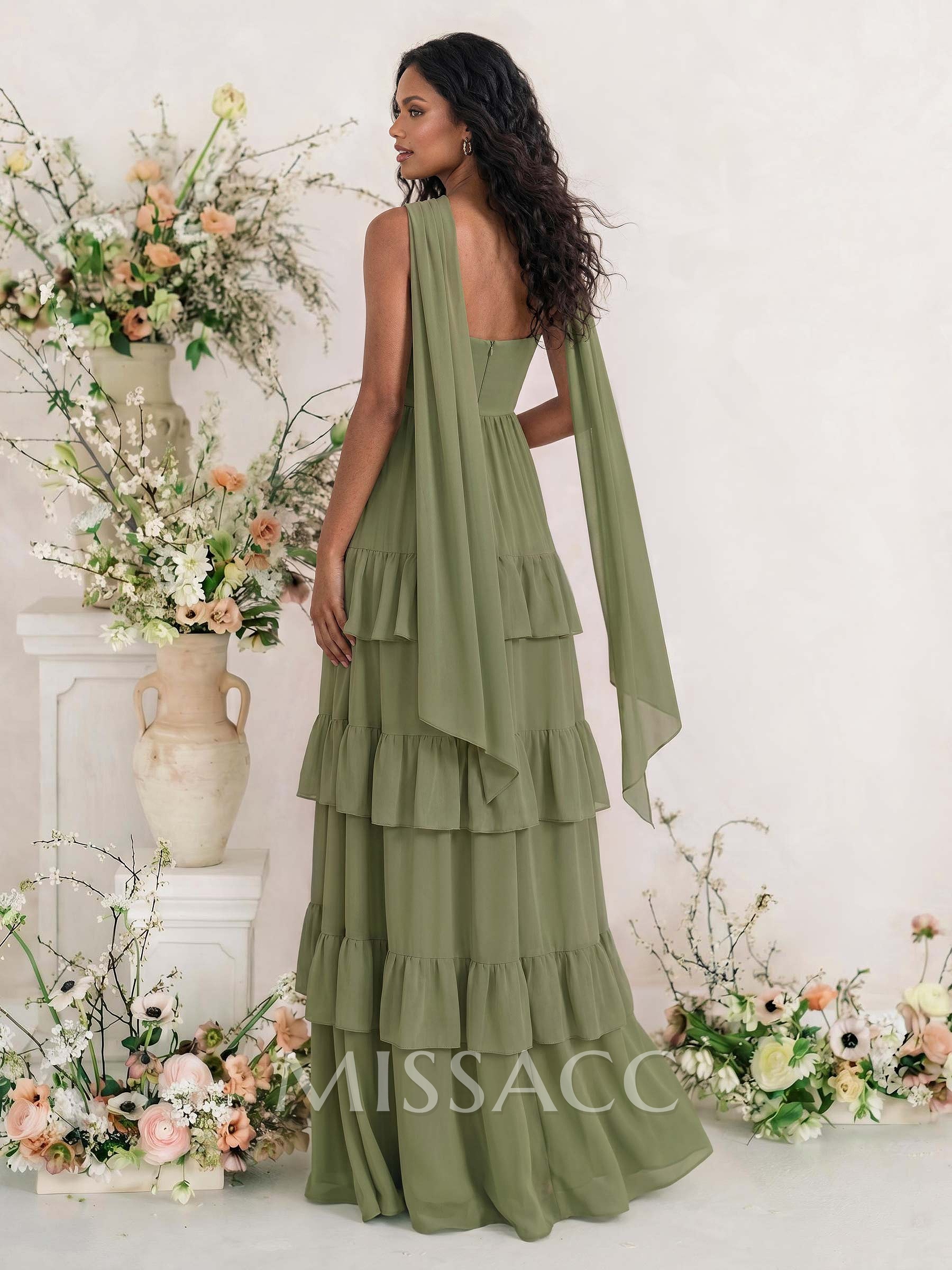 Elegant A-Line Strapless Sleeveless Floor-Length Chiffon Bridesmaid Dresses With Tiered