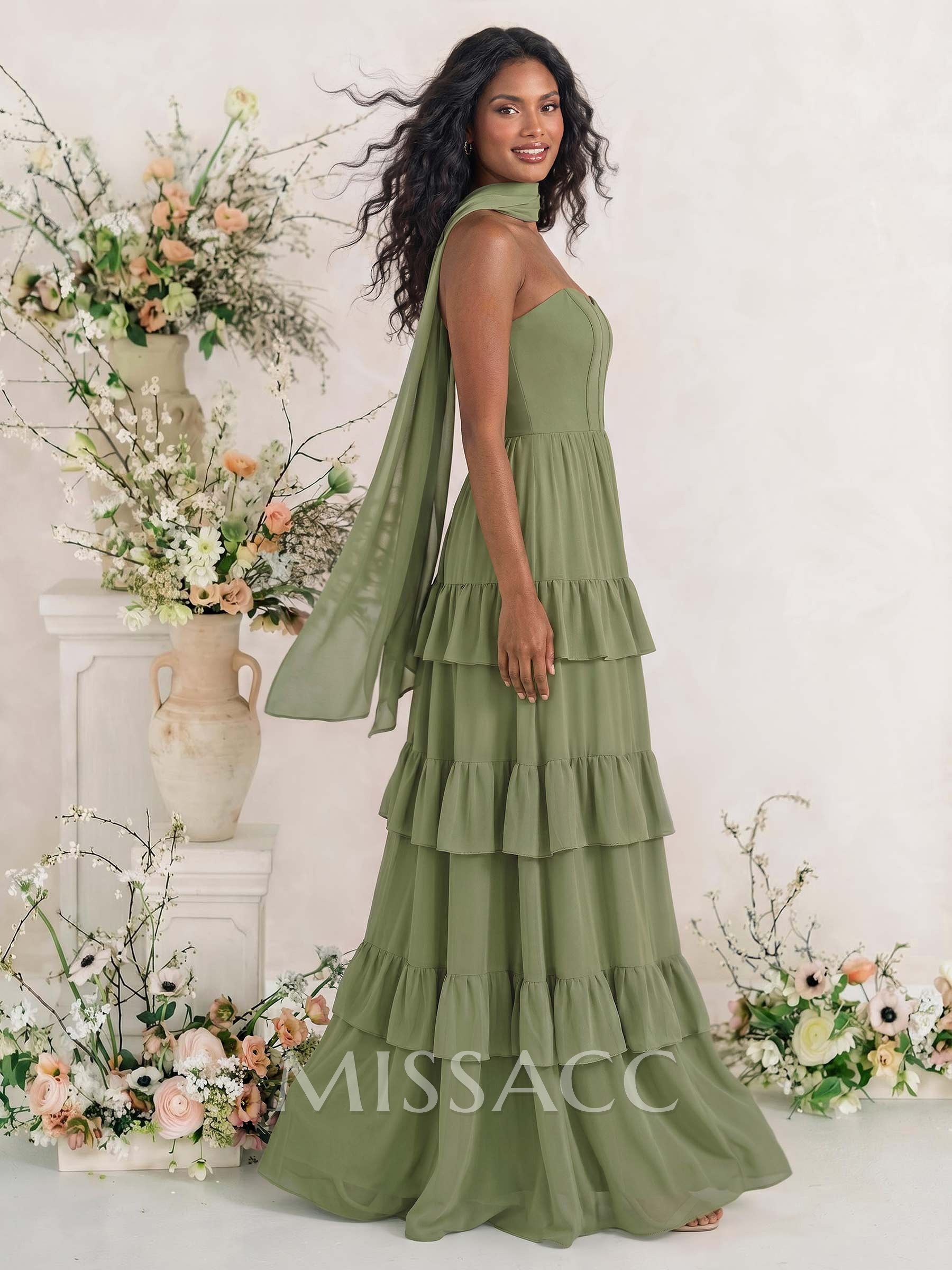Elegant A-Line Strapless Sleeveless Floor-Length Chiffon Bridesmaid Dresses With Tiered