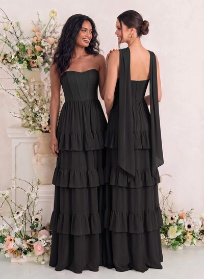 Elegant A-Line Strapless Sleeveless Maxi Chiffon Bridesmaid Dresses With Tiered Skirt