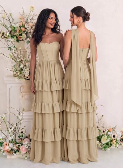 Elegant A-Line Strapless Sleeveless Floor-Length Chiffon Bridesmaid Dresses With Tiered