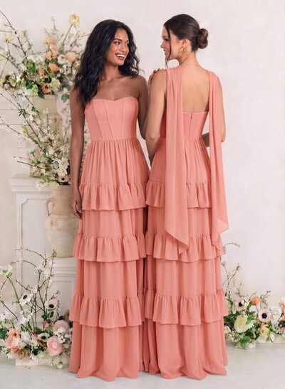 Elegant A-Line Strapless Sleeveless Floor-Length Chiffon Bridesmaid Dresses With Tiered
