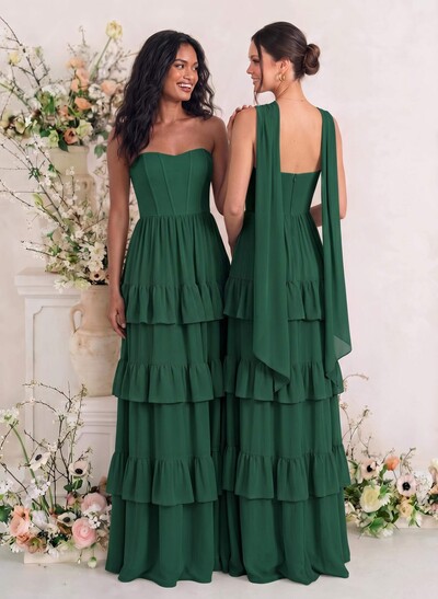 Elegant A-Line Strapless Sleeveless Floor-Length Chiffon Bridesmaid Dresses With Tiered