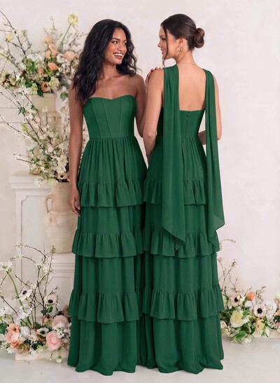 Elegant A-Line Strapless Sleeveless Floor-Length Chiffon Bridesmaid Dresses With Tiered