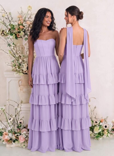 Elegant A-Line Strapless Sleeveless Floor-Length Chiffon Bridesmaid Dresses With Tiered