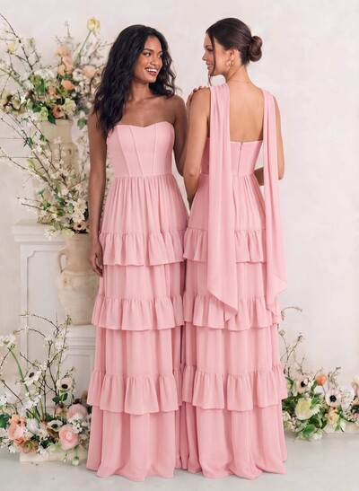 Elegant A-Line Strapless Sleeveless Floor-Length Chiffon Bridesmaid Dresses With Tiered