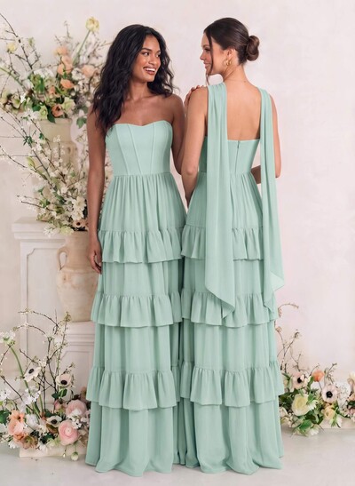 Elegant A-Line Strapless Sleeveless Floor-Length Chiffon Bridesmaid Dresses With Tiered