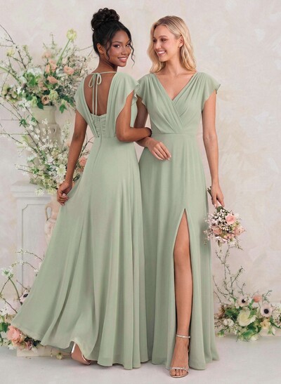 Elegant A-Line V-Neck Sleeveless Floor-Length Chiffon Bridesmaid Dresses With Split Front