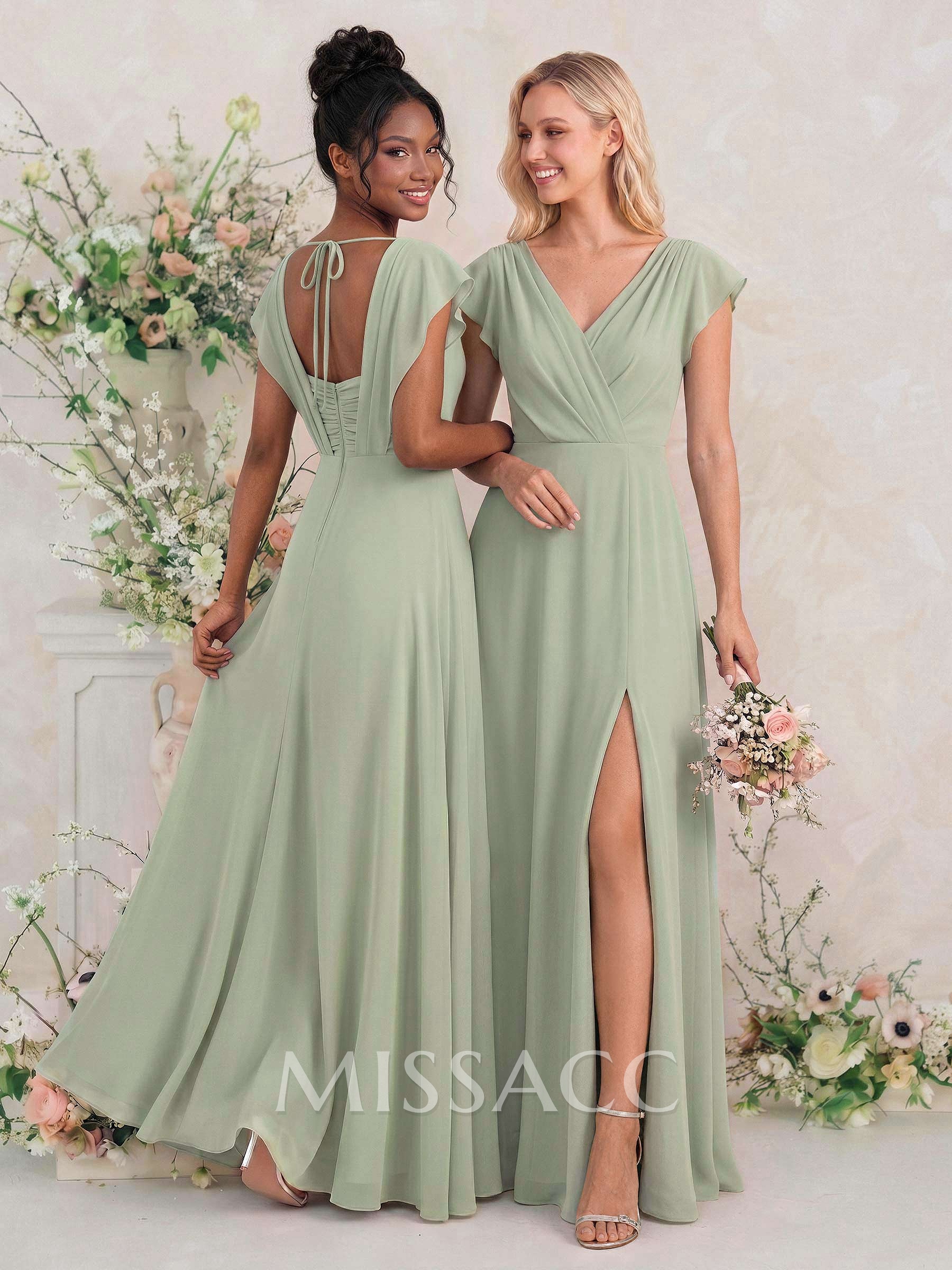 Elegant A-Line V-Neck Sleeveless Floor-Length Chiffon Bridesmaid Dresses With Split Front