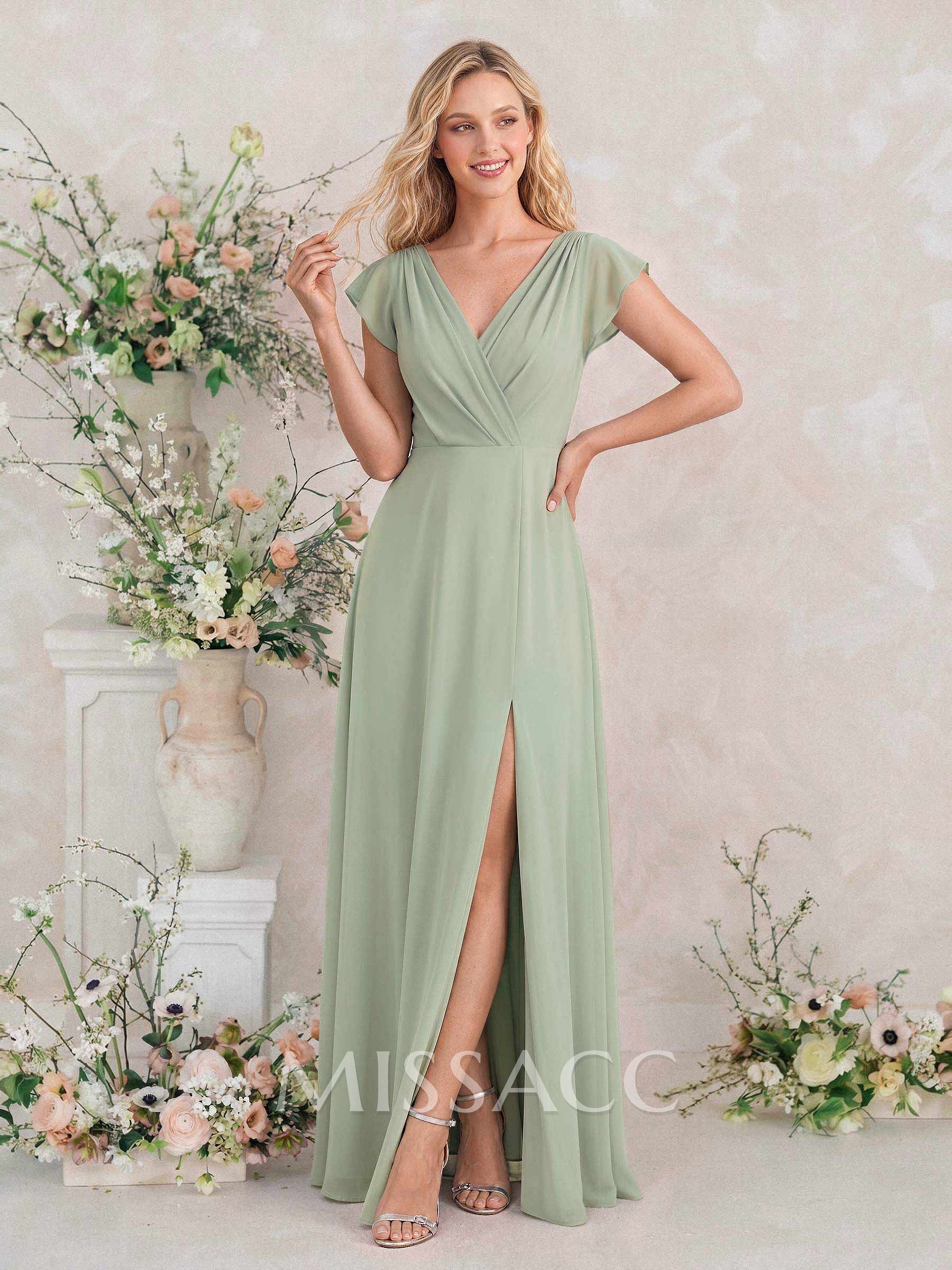 Elegant A-Line V-Neck Sleeveless Floor-Length Chiffon Bridesmaid Dresses With Split Front