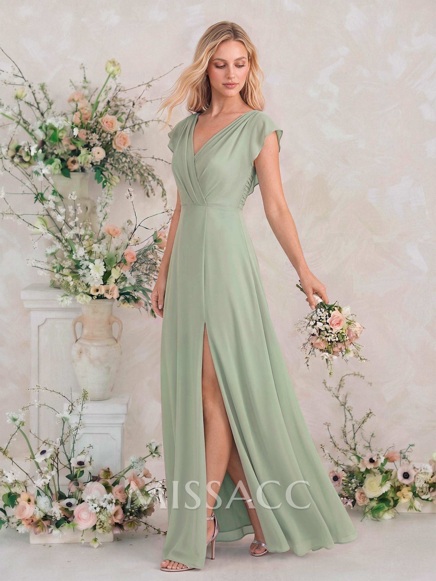 Elegant A-Line V-Neck Sleeveless Floor-Length Chiffon Bridesmaid Dresses With Split Front