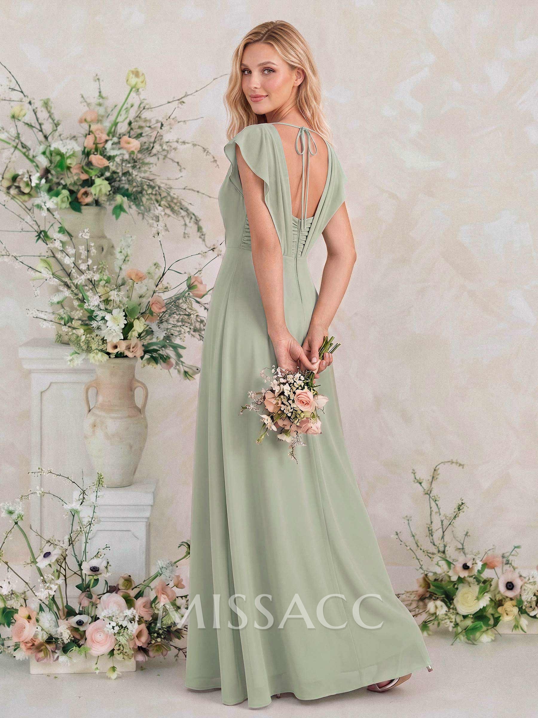 Elegant A-Line V-Neck Sleeveless Floor-Length Chiffon Bridesmaid Dresses With Split Front