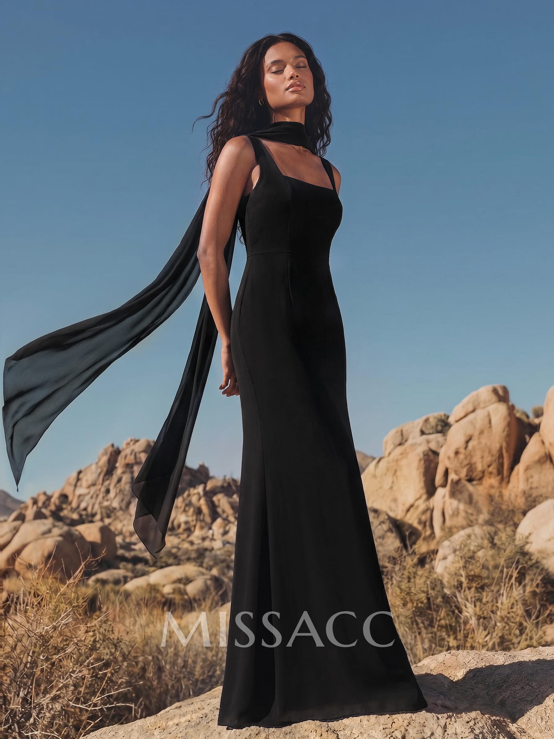 Elegant Sheath/Column Square Neckline Sleeveless Floor-Length Chiffon Bridesmaid Dresses