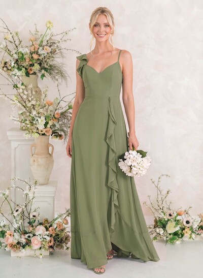 A-Line V-Neck Sleeveless Asymmetrical Chiffon Bridesmaid Dresses With Cascading Ruffles/Shoulder Ruffle