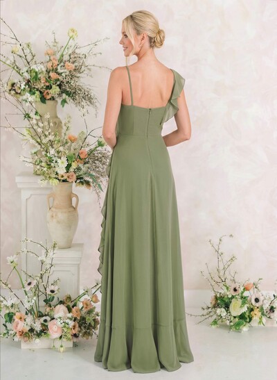 A-Line V-Neck Sleeveless Asymmetrical Chiffon Bridesmaid Dresses With Cascading Ruffles/Shoulder Ruffle