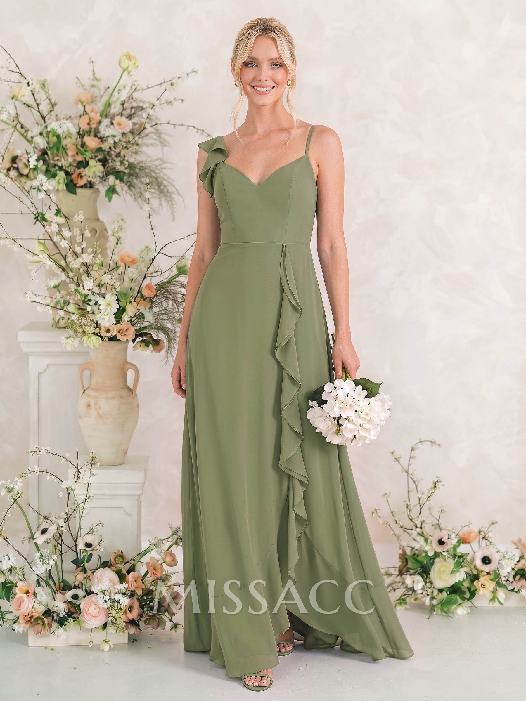 A-Line V-Neck Sleeveless Asymmetrical Chiffon Bridesmaid Dresses With Cascading Ruffles/Shoulder Ruffle
