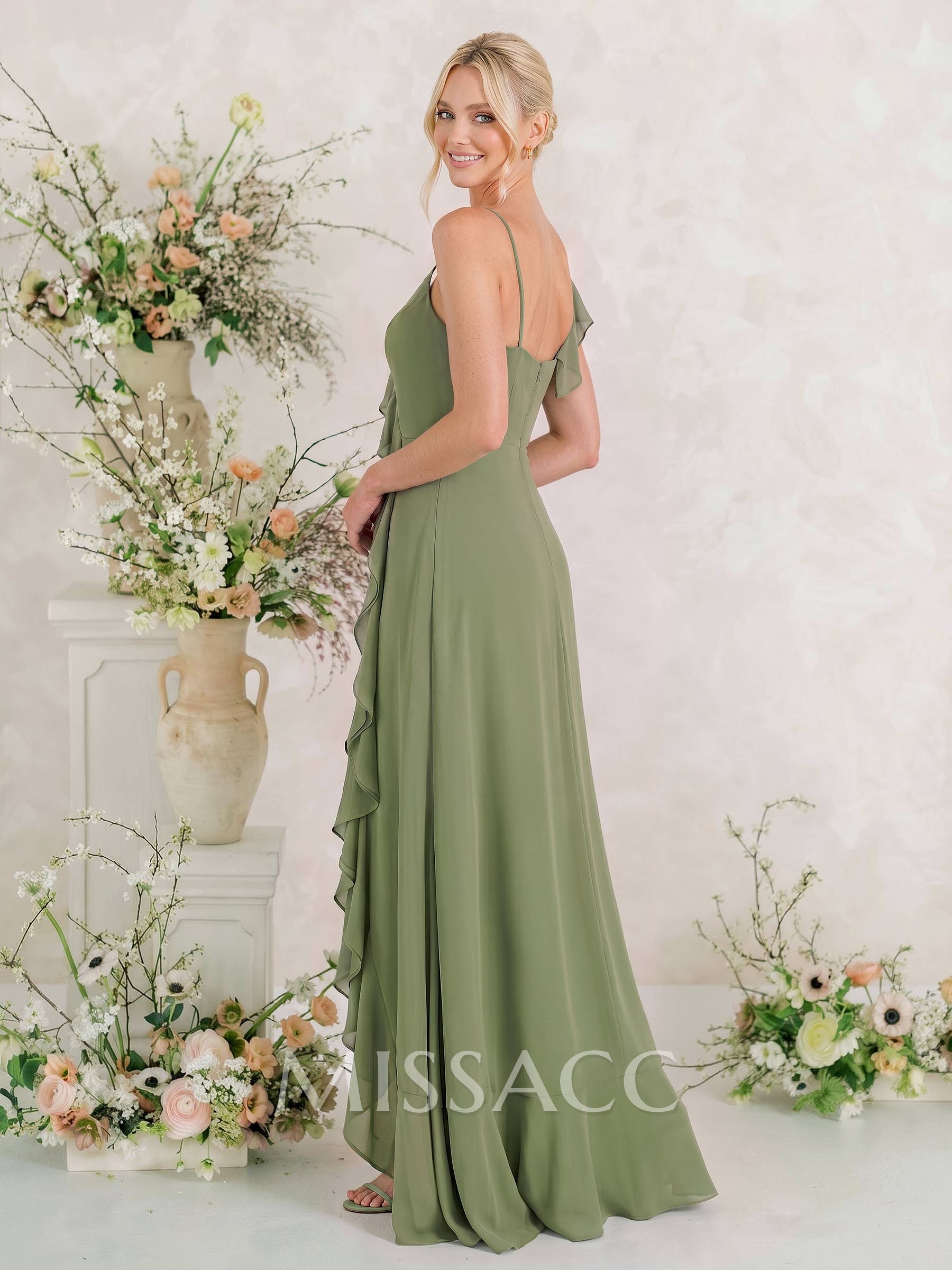 A-Line V-Neck Sleeveless Asymmetrical Chiffon Bridesmaid Dresses With Cascading Ruffles/Shoulder Ruffle