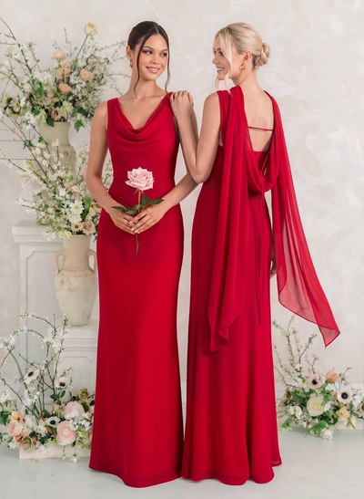 Elegant Sheath/Column Cowl Neck Sleeveless Floor-Length Chiffon Bridesmaid Dresses
