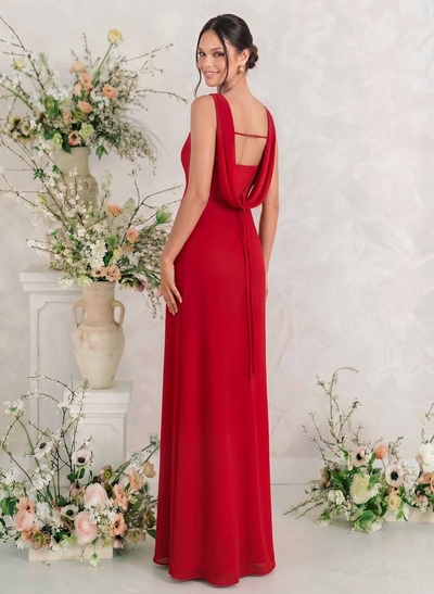 Elegant Sheath/Column Cowl Neck Sleeveless Floor-Length Chiffon Bridesmaid Dresses