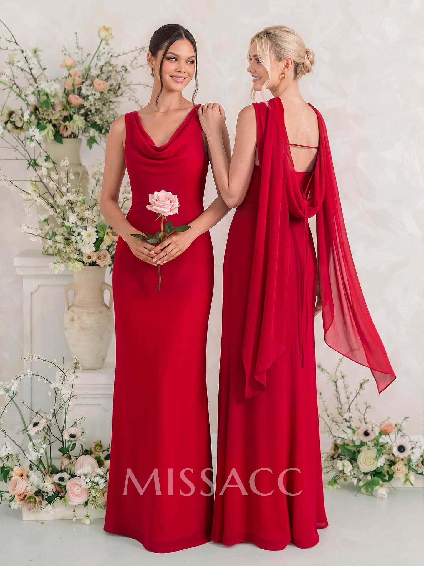 Elegant Sheath/Column Cowl Neck Sleeveless Floor-Length Chiffon Bridesmaid Dresses