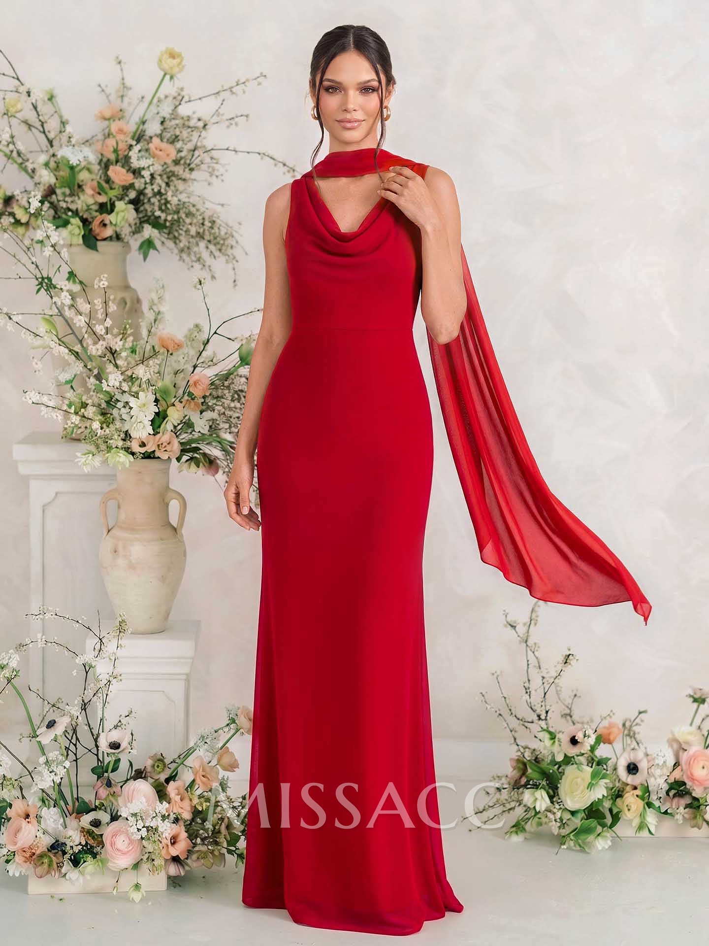 Elegant Sheath/Column Cowl Neck Sleeveless Floor-Length Chiffon Bridesmaid Dresses