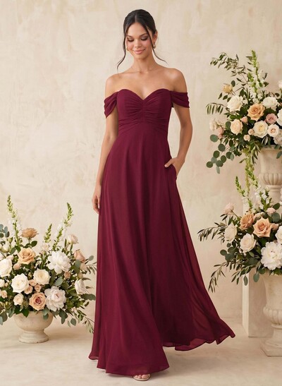 A-Line Off-The-Shoulder Sleeveless Floor-Length Chiffon Bridesmaid Dresses