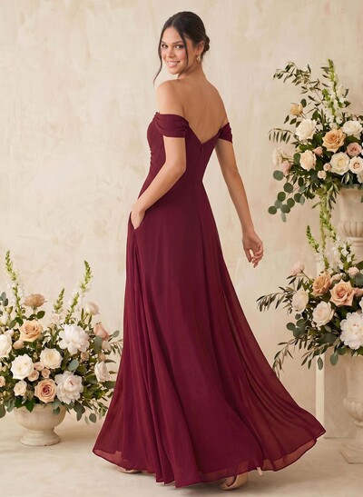 A-Line Off-The-Shoulder Sleeveless Floor-Length Chiffon Bridesmaid Dresses