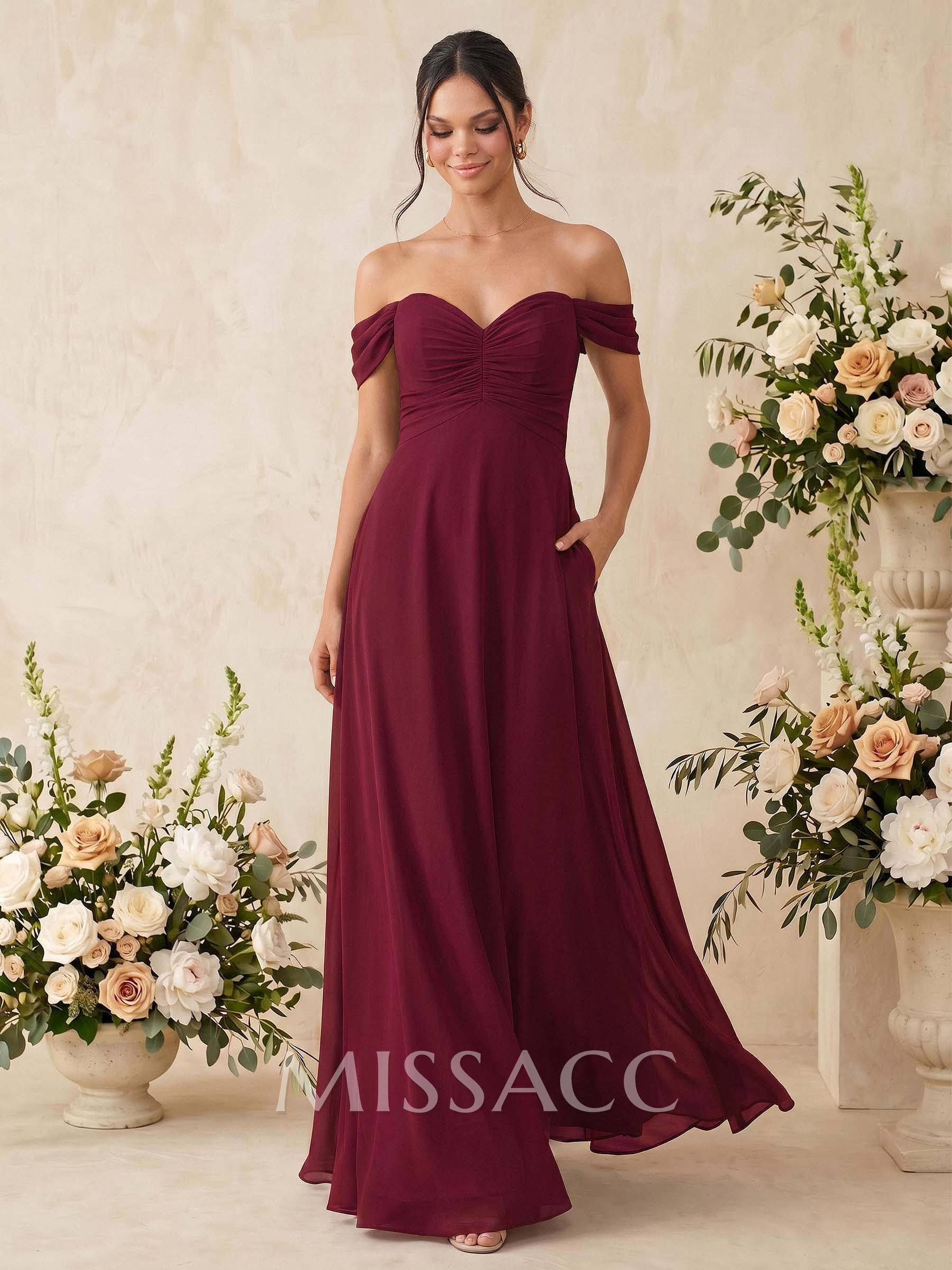 A-Line Off-The-Shoulder Sleeveless Floor-Length Chiffon Bridesmaid Dresses
