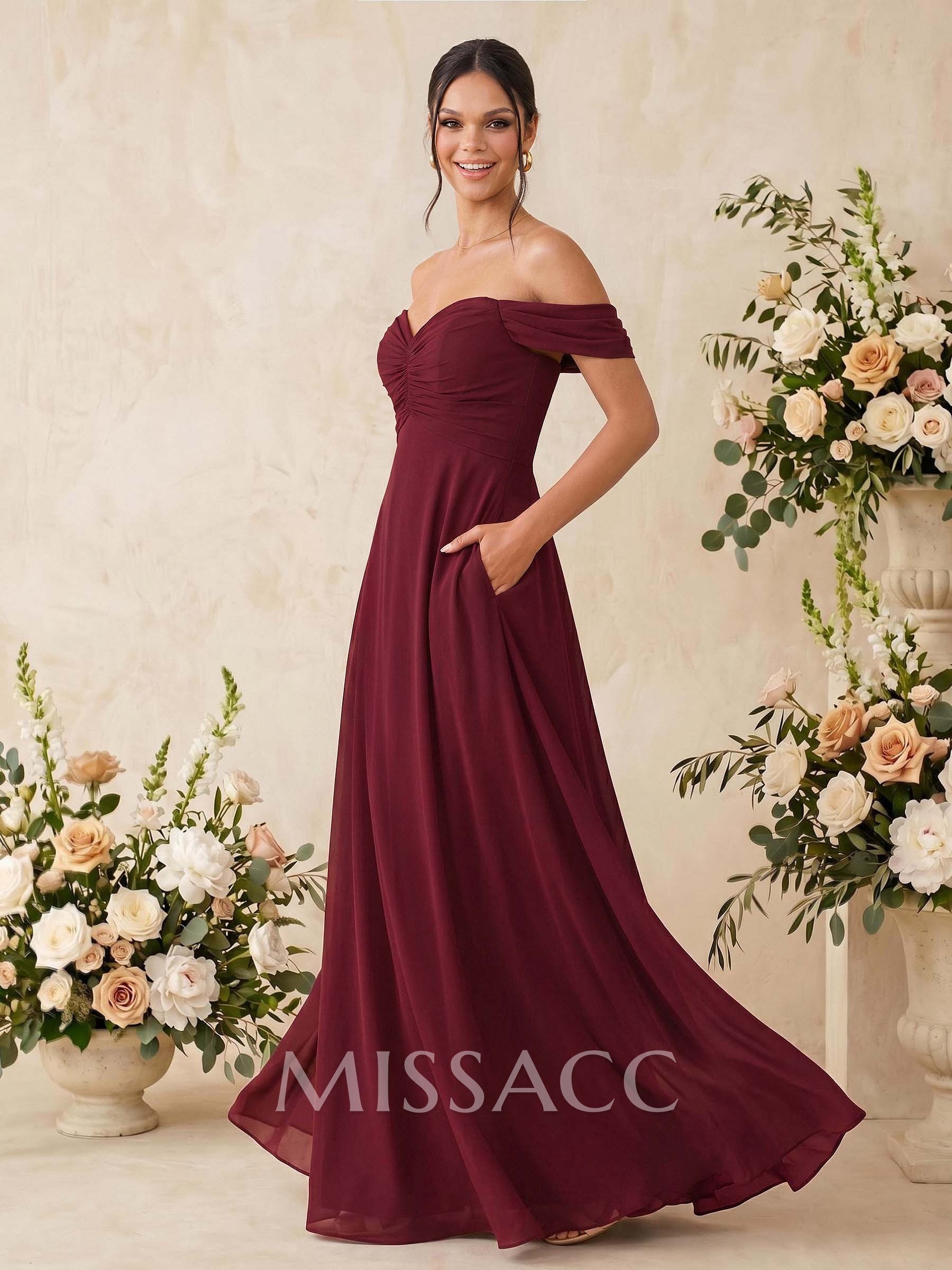 A-Line Off-The-Shoulder Sleeveless Floor-Length Chiffon Bridesmaid Dresses