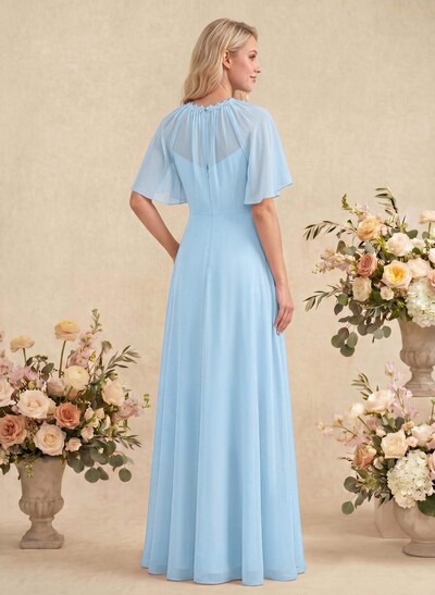 Elegant A-Line Scoop Neck Short Sleeves Floor-Length Chiffon Bridesmaid Dresses