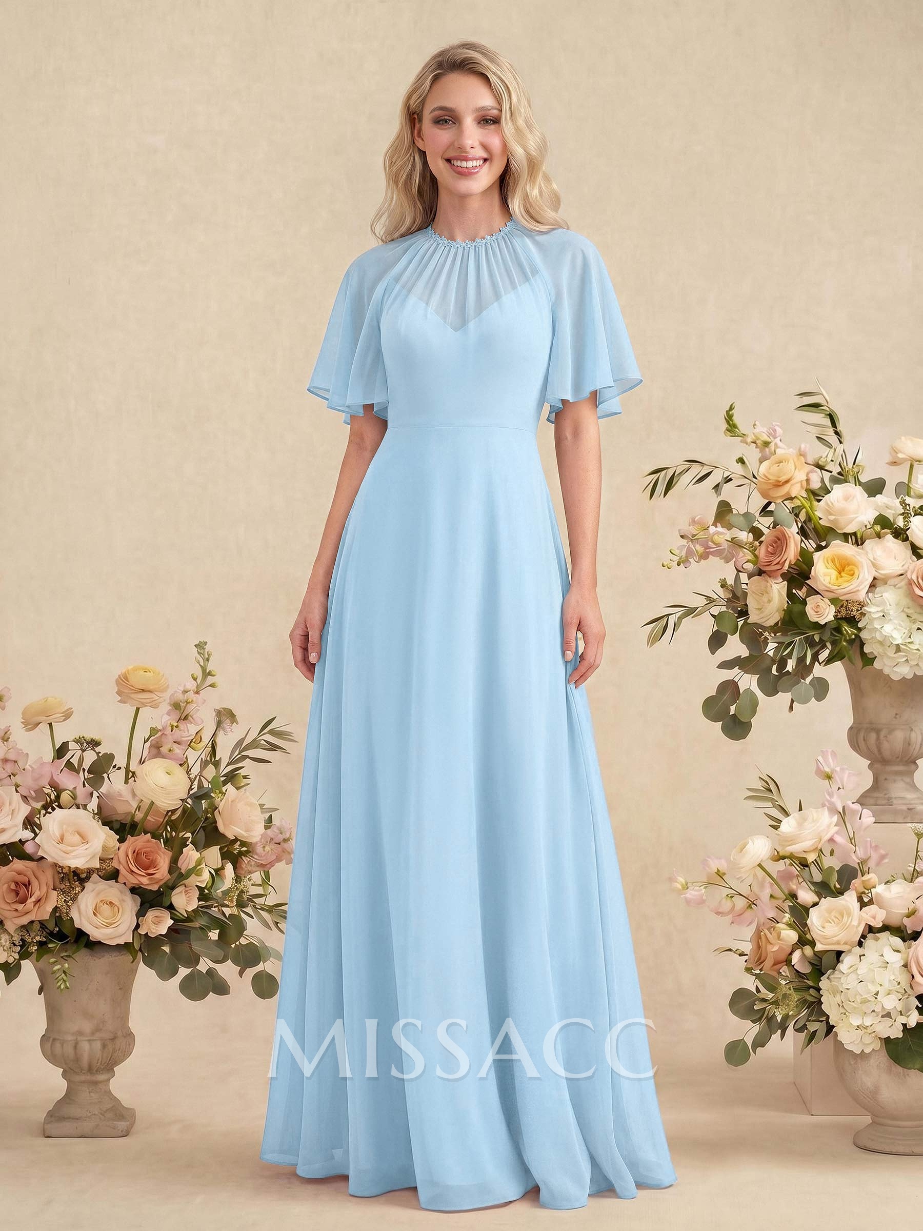 Elegant A-Line Scoop Neck Short Sleeves Floor-Length Chiffon Bridesmaid Dresses