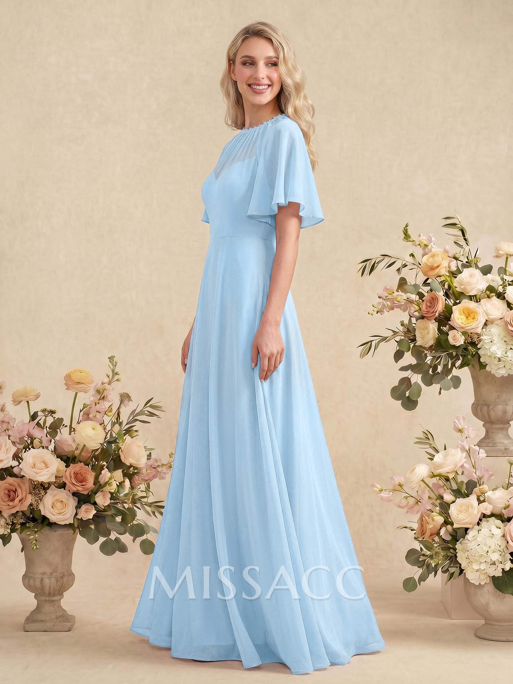 Elegant A-Line Scoop Neck Short Sleeves Floor-Length Chiffon Bridesmaid Dresses