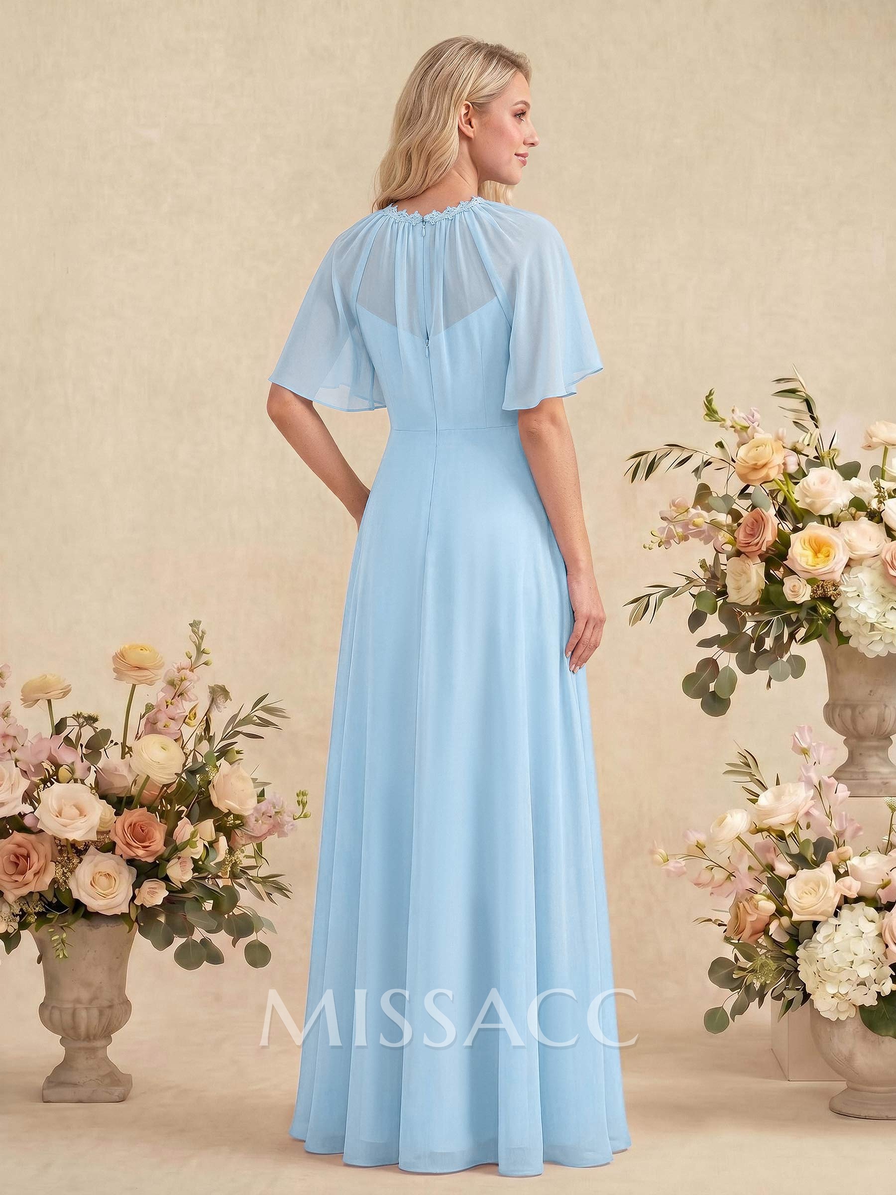 Elegant A-Line Scoop Neck Short Sleeves Floor-Length Chiffon Bridesmaid Dresses