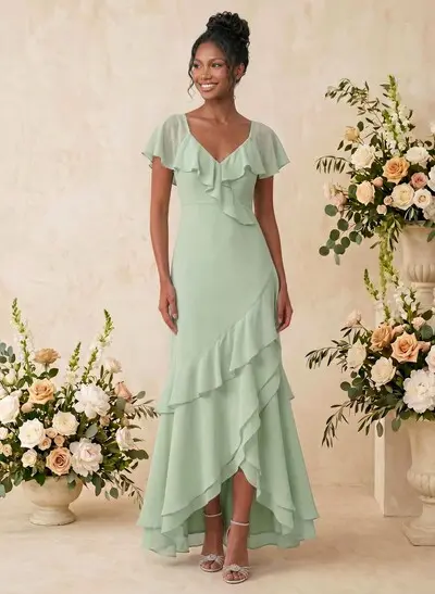 Sheath/Column V-Neck Sleeveless Asymmetrical Chiffon Bridesmaid Dresses With Cascading Ruffles